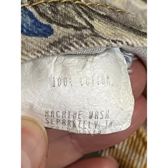 Retro Floral Crop Denim Jacket L Tan Tropical Preppy Chic Cottagecore 80s Artsy - Picture 9 of 11